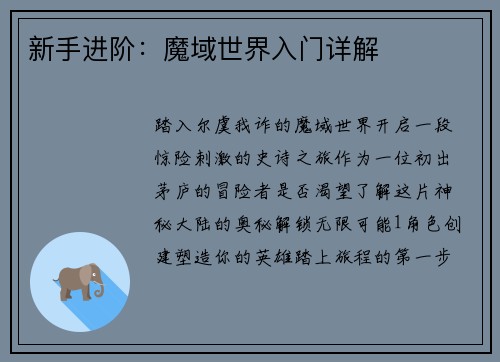 新手进阶：魔域世界入门详解